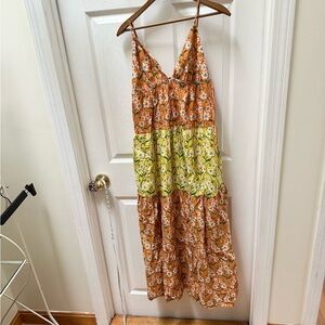 Japna Floral Orange Green Maxi Dress tiered tank v neck long M Medium yellow